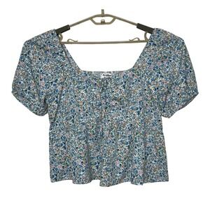 Arula Floral Peplum Top Size A (1X) Blue Smocked Back Puff Sleeve Cottagecore